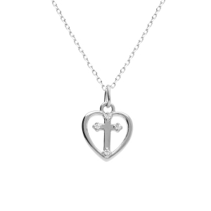 COLLIER ARGENT RHODIÉ COEUR ET CROIX AVEC  OXYDES BLANCS SERTIS 40+3CM