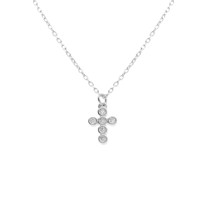 COLLIER ARGENT RHODIÉ CROIX OXYDES BLANCS SERTIS 40+3CM