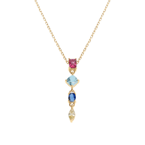 COLLIER ARGENT DORÉ PENDANT 4 OXYDES MULTI COULEURS 40+3CM