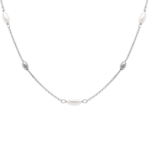 COLLIER ARGENT RHODIÉ PERLE BLANCHE IMITATION ET OLIVES  38+5CM