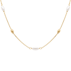COLLIER ARGENT DORÉ PERLE BLANCHE IMITATION ET OLIVES  38+5CM