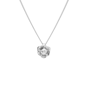 COLLIER ARGENT RHODIÉ FLEUR 8.2MM OXYDE TAILLÉ EN ROSE  BLANCS SERTIS 42+3CM