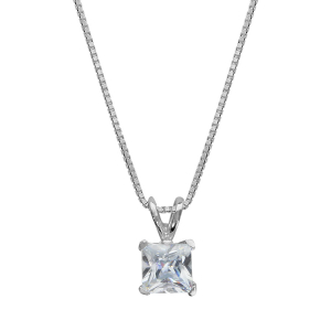 COLLIER ARGENT RHODIÉ PENDENTIF CARRÉ PIERRE BLANCHE SYNTHETIQUE 42+3CM