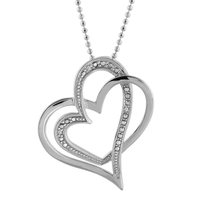 COLLIER ARGENT RHODIÉ CHAINE BOULES DOUBLE COEUR ENTREMELE PT PIERRES BLANCHES SYNTHETIQUE 43+3CM