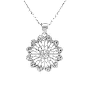 COLLIER ARGENT RHODIÉ PENDENTIF FLEUR FILIGRANE OXYDES BLANCS SERTIS  40+5CM
