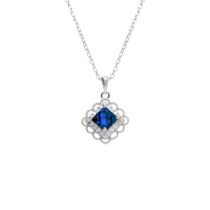 COLLIER ARGENT PENDENTIF CARRÉ OXYDE BLEU SERTI CONTOUR OXYDES BLANCS SERTIS 39+4CM