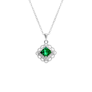COLLIER ARGENT PENDENTIF CARRÉ OXYDE VERT CONTOUR OXYDES BLANCS SERTIS 39+4CM