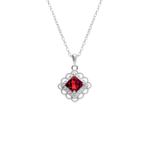 COLLIER ARGENT PENDENTIF CARRÉ OXYDE ROUGE OXYDES BLANCS SERTIS 39+4CM