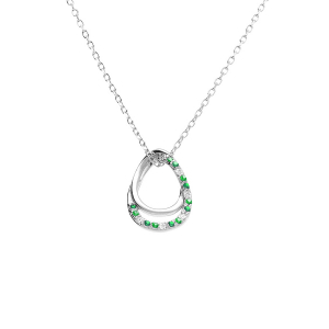 COLLIER ARGENT RHODIÉ PENDENTIF GOUTTE OXYDES VERTS ET BLANCS SERTIS 40+2+2CM