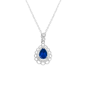 COLLIER ARGENT RHODIÉ GOUTTE OXYDE BLEU ET CONTOUR OXYDES BLANCS SERTIS ET DENTELLÉ 40+4CM