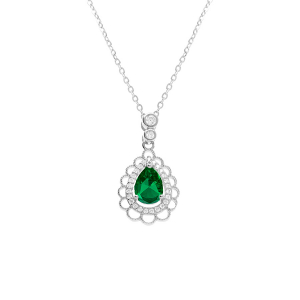 COLLIER ARGENT RHODIÉ GOUTTE OXYDE VERT ET CONTOUR OXYDES BLANCS SERTIS ET DENTELLÉ 40+4CM