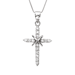 COLLIER ARGENT RHODIÉ CROIX FINE DIM 22 X 16 MM PIERRES BLANCHES SYNTHETIQUE 45CM