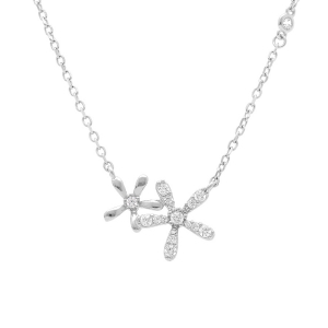 COLLIER ARGENT RHODIÉ DOUBLE FLEUR OXYDES BLANCS SERTIS 41+3CM