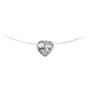 COLLIER ARGENT RHODIÉ FIL NYLON PENDENTIF COEUR PIERRE BLANCHE SYNTHETIQUE 40CM