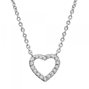 COLLIER ARGENT RHODIÉ COEUR AJOURE PIERRES SYNTHETIQUE BLANCHES 40+2CM