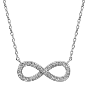 COLLIER ARGENT RHODIÉ FORME HUIT (INFINI) PIERRES BLANCHES SYNTHETIQUE 44CM REGLABLE