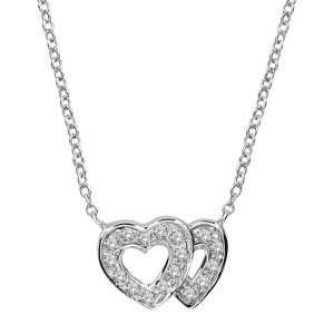 COLLIER ARGENT RHODIÉ DOUBLE COEUR AJOURE CONTOUR PIERRES BLANCHES SYNTHETIQUE 40+4CM