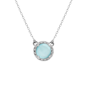 COLLIER ARGENT RHODIÉ CABOCHON BLEU CIEL 40 +5 CM