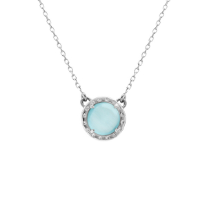 COLLIER ARGENT RHODIÉ CABOCHON BLEU CIEL 40 +5 CM