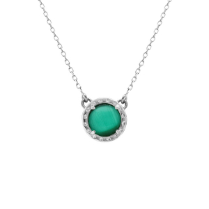 COLLIER ARGENT RHODIÉ CABOCHON VERT FONCÉ  40 +5 CM