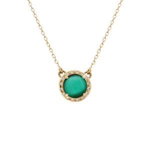 COLLIER ARGENT DORÉ CABOCHON VERT FONCÉ 40 +5 CM