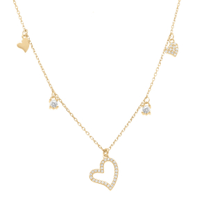 COLLIER ARGENT DORÉ MULTI COEURS LISSES ET OXYDES BLANCS SERTIS 40+5CM