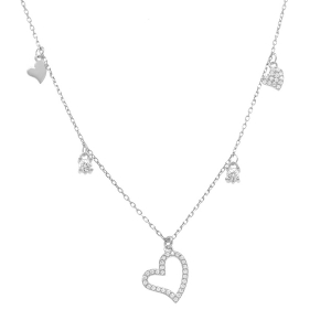 COLLIER ARGENT RHODIÉ MULTI COEURS LISSES ET OXYDES BLANCS SERTIS 40+5CM