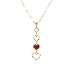 COLLIER ARGENT DORÉ PENDENTIF COEURS AJOURÉS ET UN OXYDE ROUGE 40+5CM