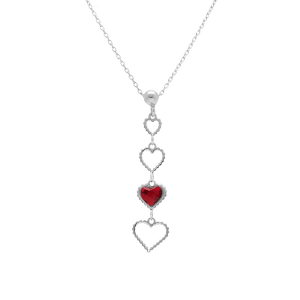 COLLIER ARGENT RHODIÉ PENDENTIF COEURS AJOURÉS ET UN OXYDE ROUGE 40+5CM