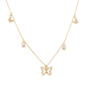 COLLIER ARGENT DORÉ PAMPILLES PAPILLONS OXYDES BLANCS SERTIS 40+5CM