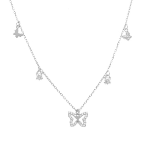 COLLIER ARGENT RHODIÉ PAMPILLES PAPILLONS OXYDES BLANCS SERTIS 40+5CM
