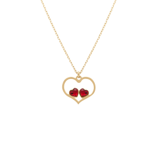 COLLIER ARGENT DORÉ PENDENTIF COEUR AJOURÉ ET 2 OXYDES ROUGES 40+5CM