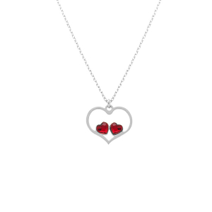COLLIER ARGENT RHODIÉ PENDENTIF COEUR AJOURÉ ET 2 OXYDES ROUGES 40+5CM