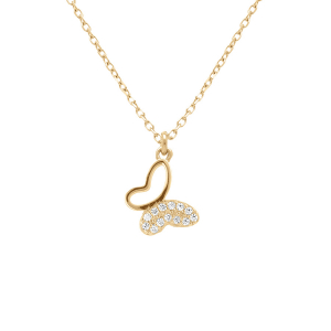 COLLIER ARGENT DORÉ PAPILLON OXYDES BLANCS SERTIS 40+5CM