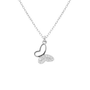 COLLIER ARGENT RHODIÉ PAPILLON OXYDES BLANCS SERTIS 40+5CM