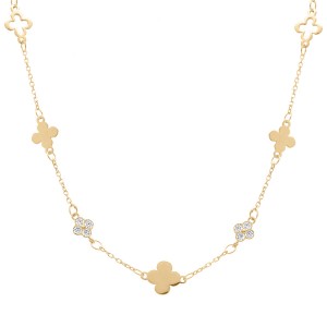 COLLIER ARGENT DORÉ TREFLES LISSES ET AVEC OXYDES BLANCS 40+5CM