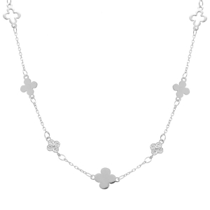 COLLIER ARGENT RHODIÉ TREFLES LISSES ET AVEC OXYDES BLANCS 40+5CM
