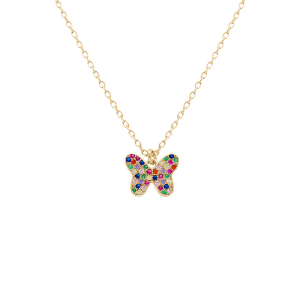 COLLIER ARGENT DORÉ PAPILLON OXYDES MULTI COULEURS SERTIS 40+5CM
