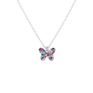 COLLIER ARGENT RHODIÉ PAPILLON OXYDES MULTI COULEURS SERTIS 40+5CM