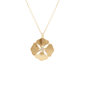 COLLIER ARGENT DORÉ PENDENTIF FLEUR ET OXYDES BLANCS 40+5CM