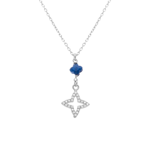 COLLIER ARGENT RHODIÉ ETOILE RÉSINE BLEU ET ETOILE OXYDES BLANCS SERTIS 40+5 CM