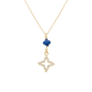 COLLIER ARGENT DORÉ ETOILE RÉSINE BLEU ET ETOILE OXYDES BLANCS SERTIS 40+5 CM