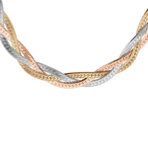 COLLIER ARGENT ET DORURE ROSE ET JAUNE TRESSE 42CM