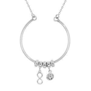 COLLIER ARGENT RHODIÉ CERCLE AVEC ANNEAUX ET PAMPILLES MOTIF INFINI ET OXYDE BLANC SERTI 42+2,5CM