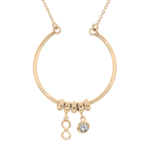 COLLIER ARGENT ET DORÉ JAUNE CERCLE AVEC ANNEAUX ET PAMPILLES MOTIF INFINI ET OXYDE BLANC SERTI 42+2,5CM