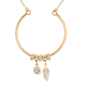 COLLIER ARGENT ET DORÉ CERCLE AVEC ANNEAUX ET PAMPILLES MOTIF PLUME ET OXYDE BLANC SERTI 42+2,5CM