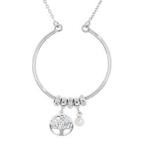 COLLIER ARGENT RHODIÉ CERCLE AVEC ANNEAUX ET PAMPILLES ARBRE DE VIE ET PERLE BLANCHE DE CULTURE D'EAU DOUCE 40+5CM
