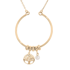 COLLIER ARGENT ET DORÉ JAUNE CERCLE AVEC ANNEAUX ET PAMPILLES ARBRE DE VIE ET PERLE BLANCHE DE CULTURE D'EAU DOUCE 40+5CM