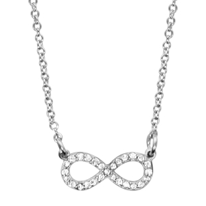 COLLIER ARGENT RHODIÉ FORME HUIT (INFINI) PETIT MODELE PIERRES BLANCHES SYNTHETIQUE 42+3CM