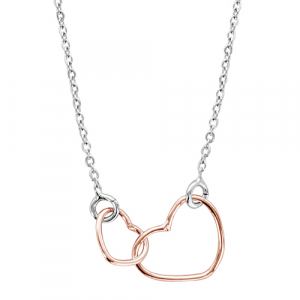 COLLIER ARGENT RHODIÉ MOTIF DOUBLE COEURS DORURE ROSE 40+5CM